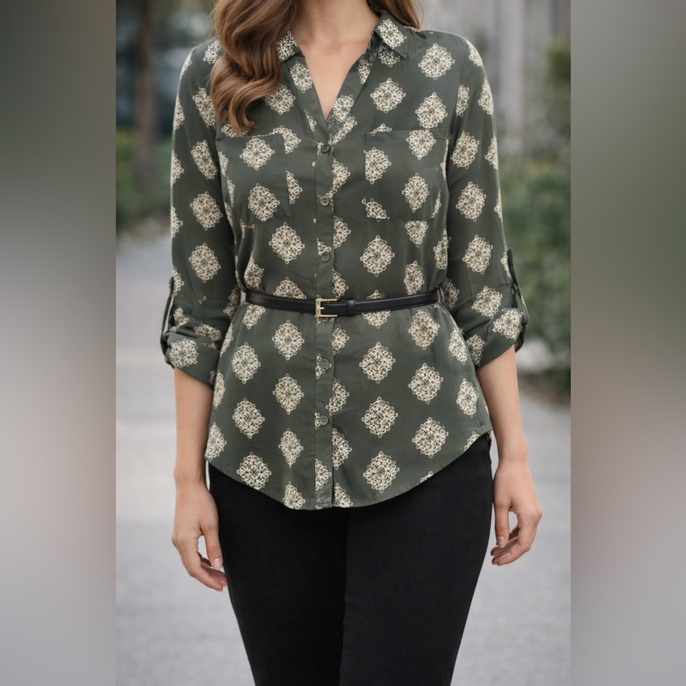 & Other Stories Green Patterned Button Down Shirt